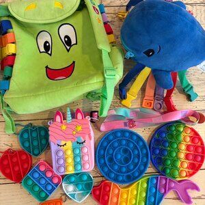 Sensory/Fidget Toy Bundle Buddy Backpack, Blu Whale,Unicorn Purse,Seal,7 Poppers